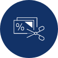 Icon of scissors cutting through a percentage symbol and money, representing tax savings and financial efficiency in tax preparation services by Mark Rivera CPA.
